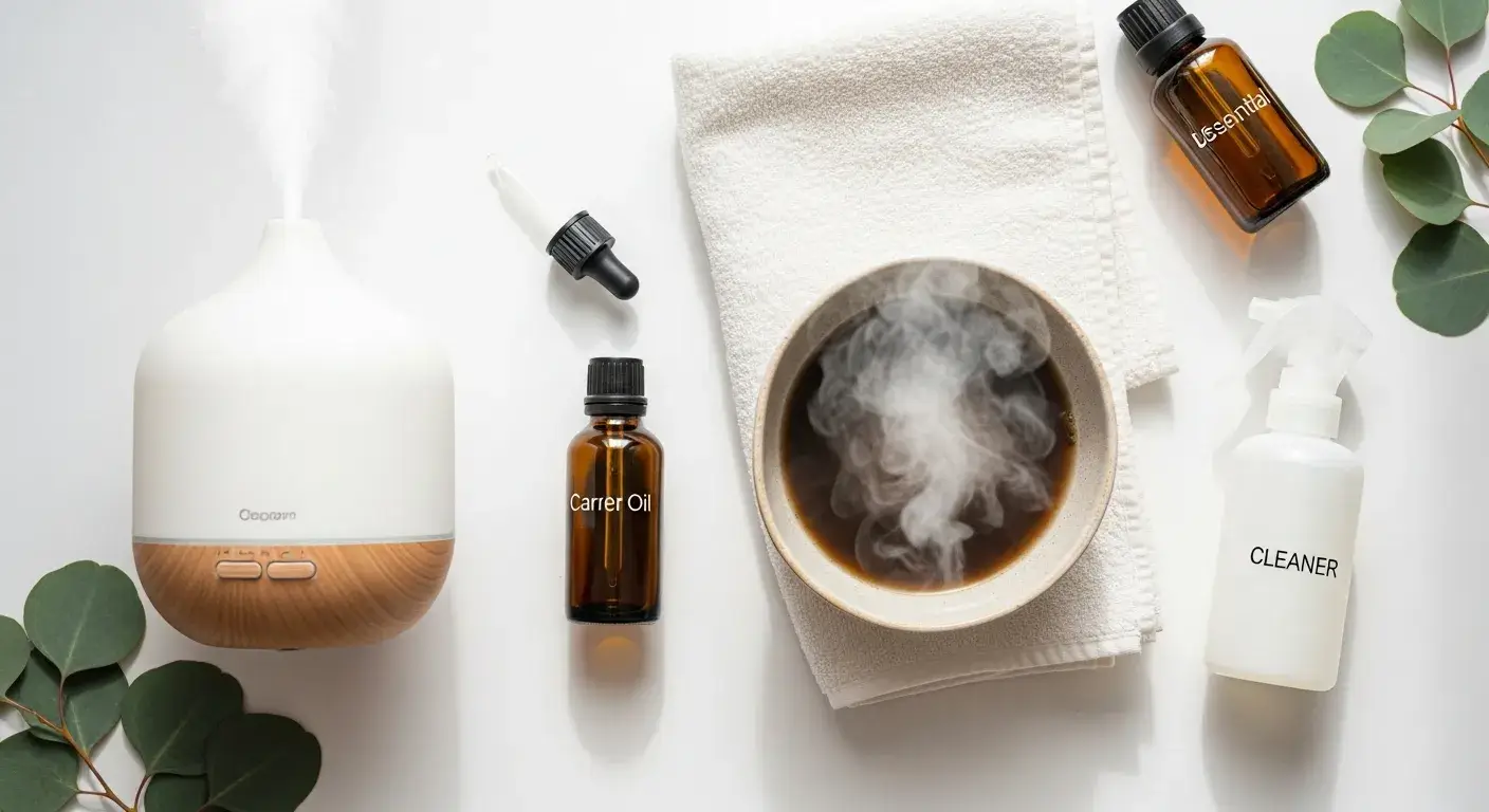 Diffuser, carrier oil, steam bowl, and cleaning spray