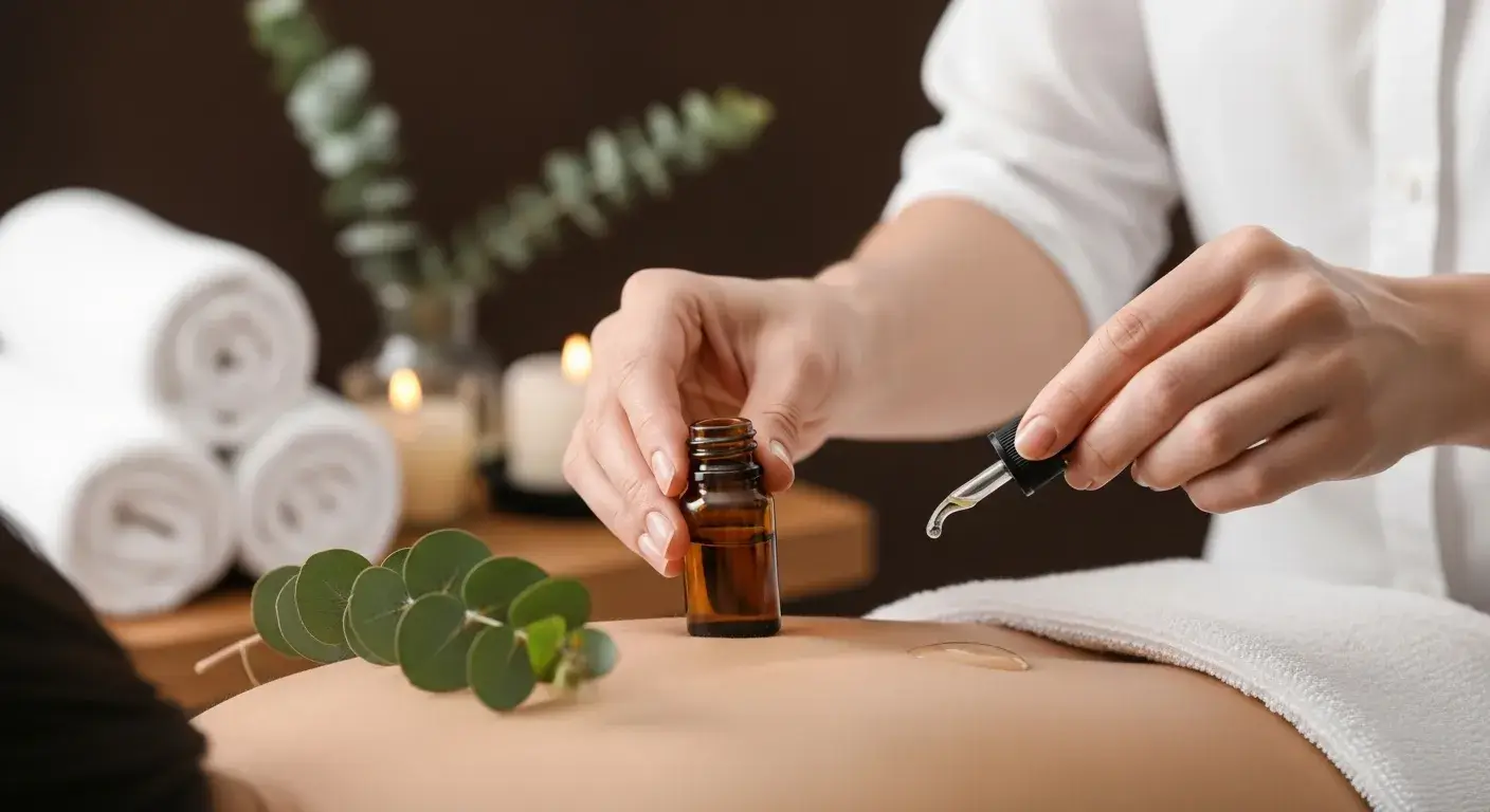 Eucalyptus oil massage Massage therapist applying eucalyptus oil to back