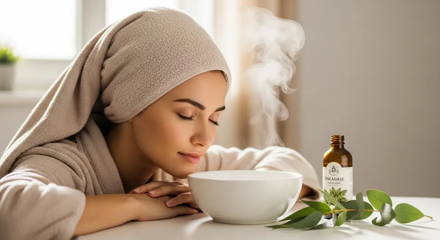 Eucalyptus steam for congestion Woman using steam with eucalyptus oil