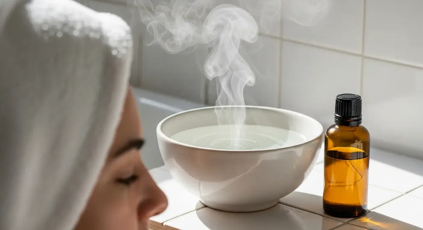 Eucalyptus steam inhalation Steam bowl with eucalyptus oil and towel setup