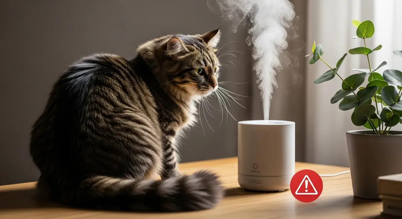 Cat looking away from eucalyptus diffuser