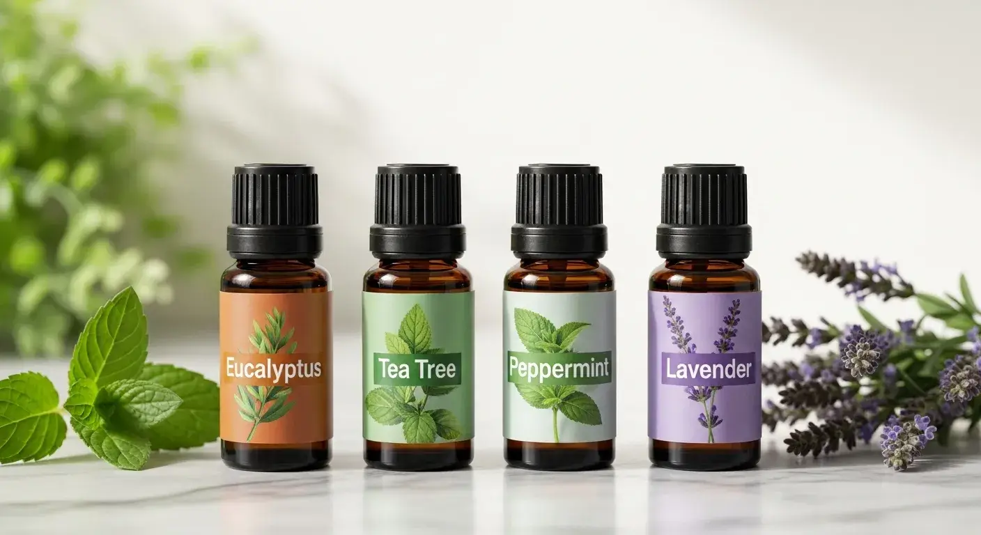 Eucalyptus, tea tree, peppermint, and lavender oils side by side