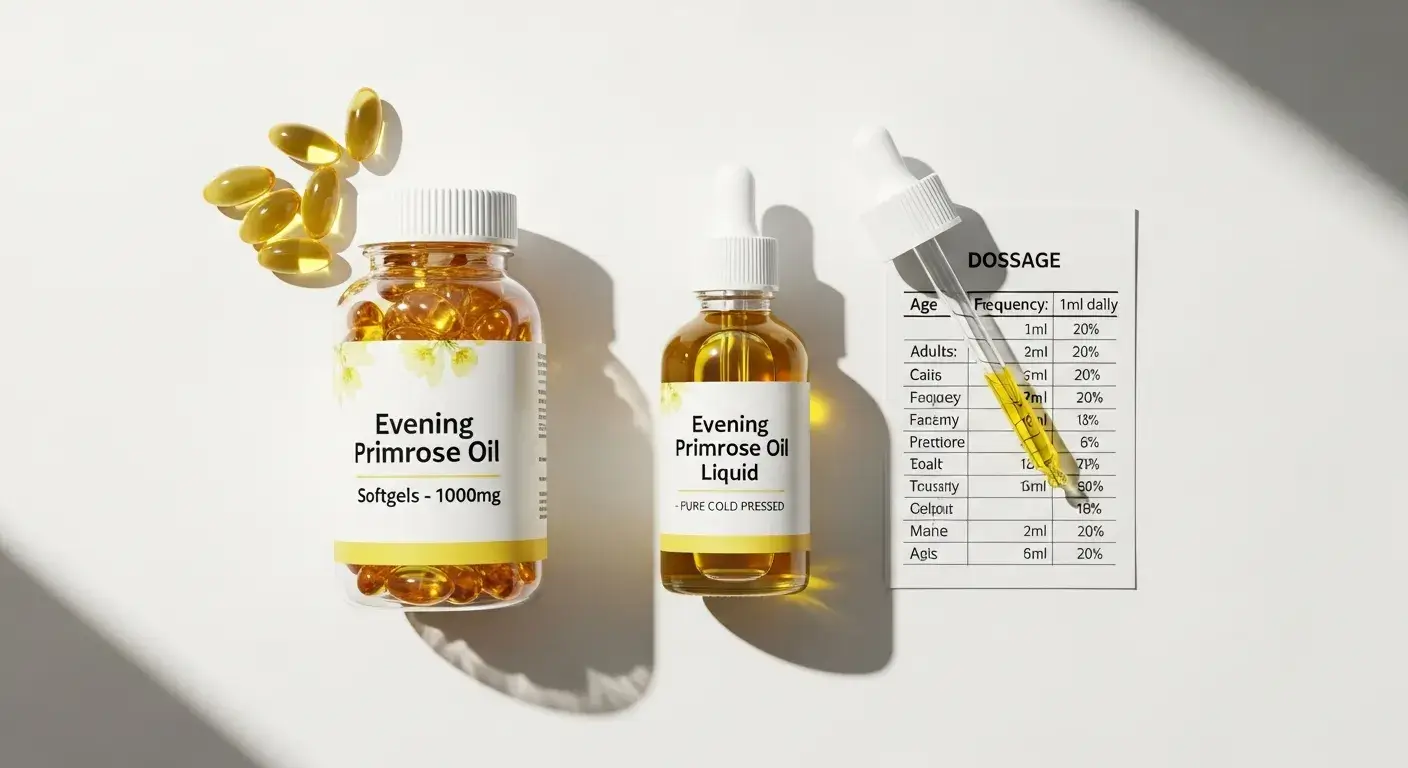 Evening primrose oil capsules and liquid with labeled doses
