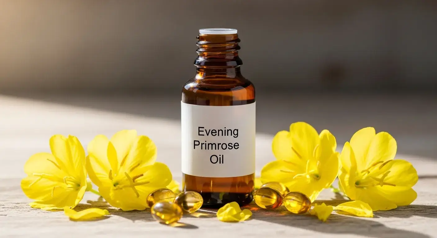 Evening primrose oil bottle with yellow flowers