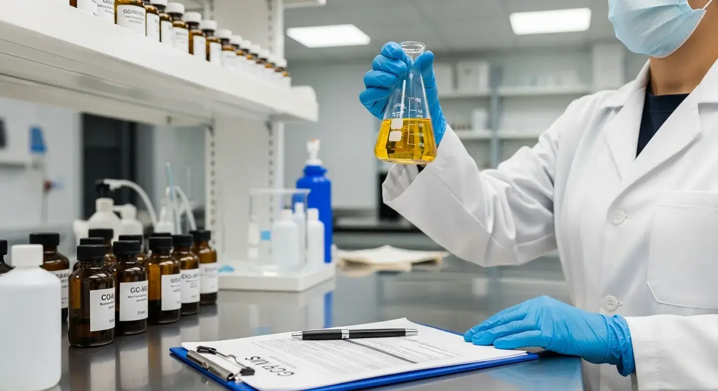 Lab expert analyzing evening primrose oil sample