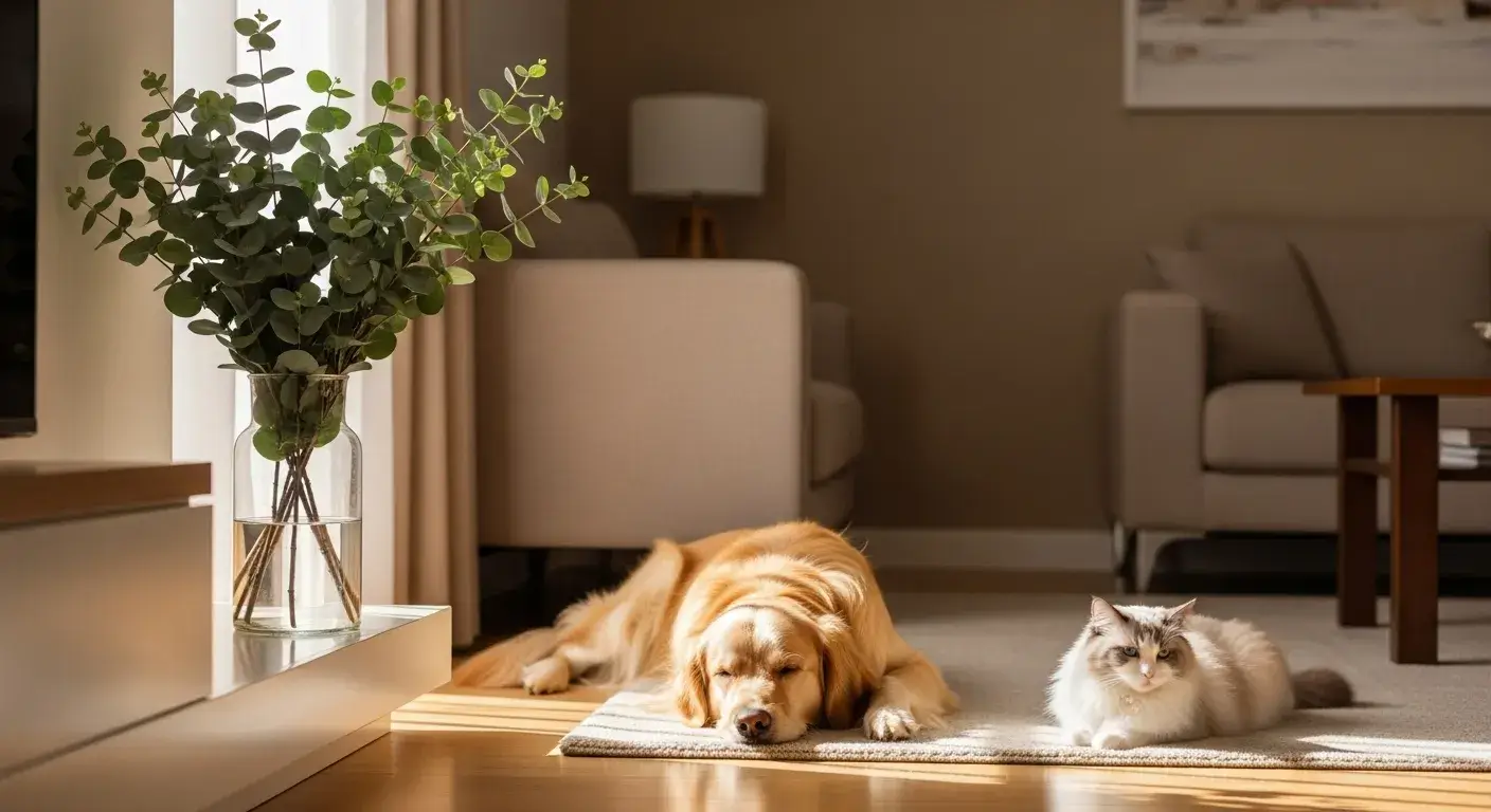 Eucalyptus branches in vase out of pet reach