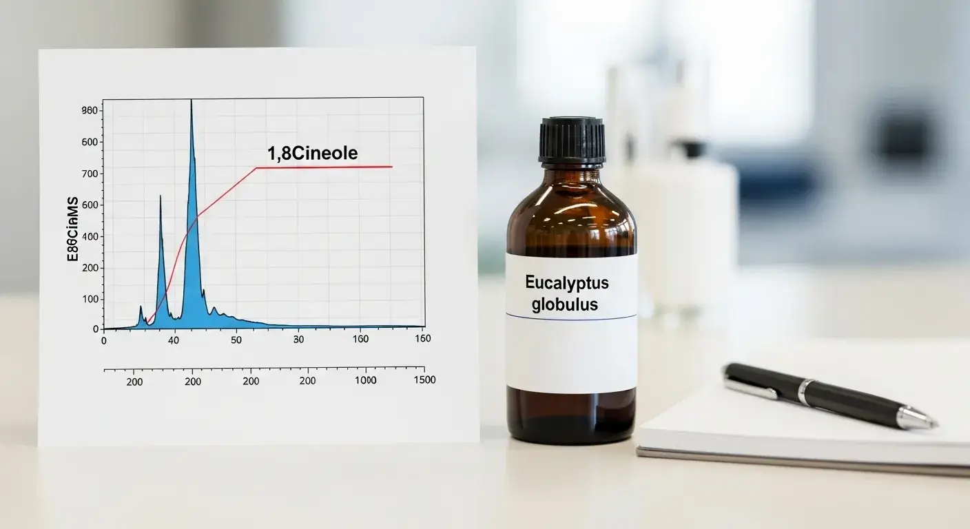 GC‑MS chromatogram with eucalyptus oil sample bottle