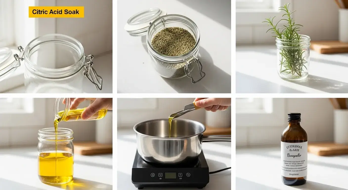 Rosemary oil infusion steps Step-by-step oil infusion process with rosemary