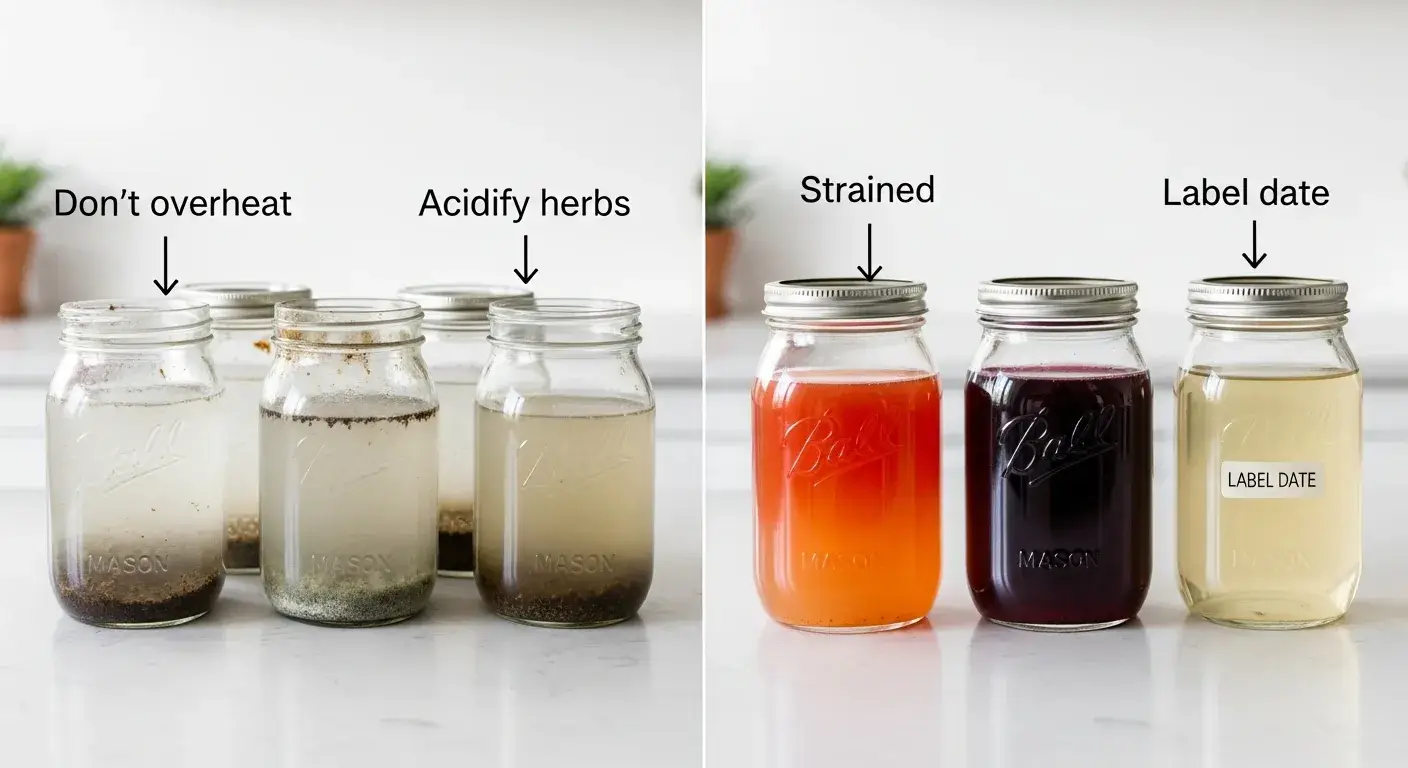 Mistakes to avoid in herb infusions Examples of spoiled and safe herb infusions