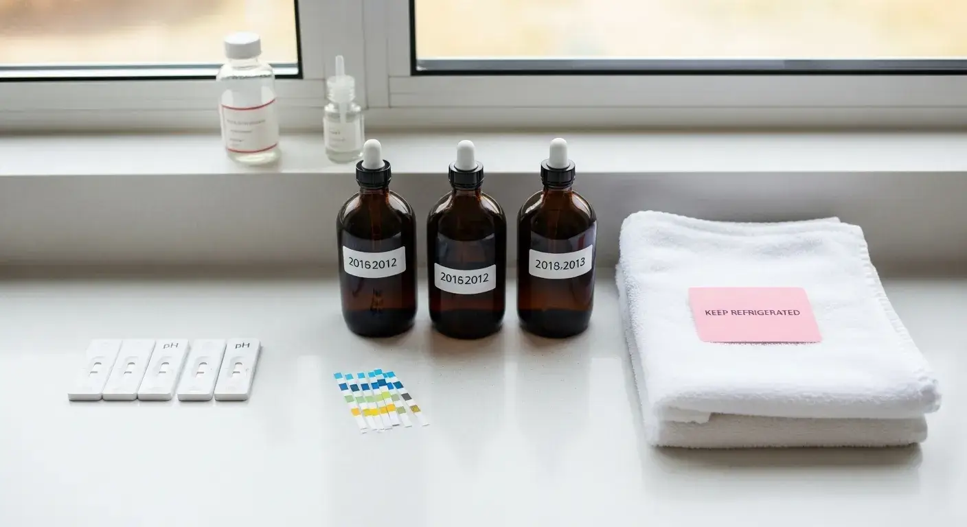 Infusion storage and safety Dark jars, pH test strips, and dated labels