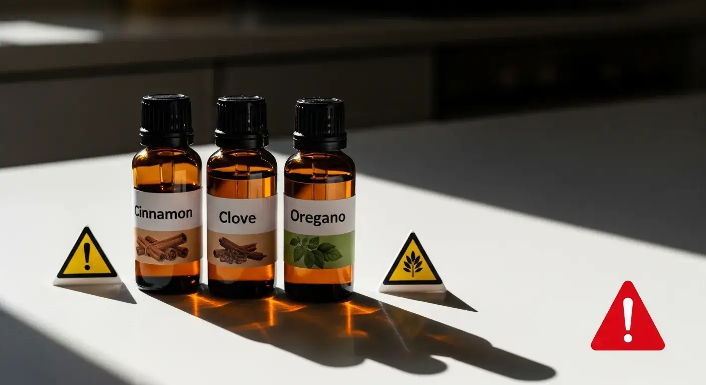Bottles of clove, cinnamon, oregano oil