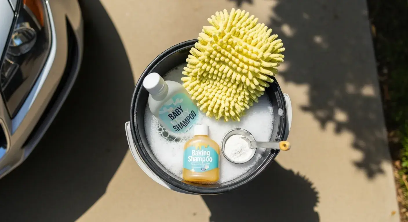 Eco-friendly car wash supplies on driveway