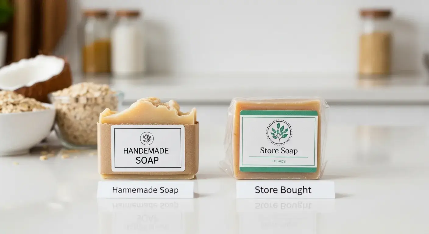 Natural homemade soap next to commercial brand