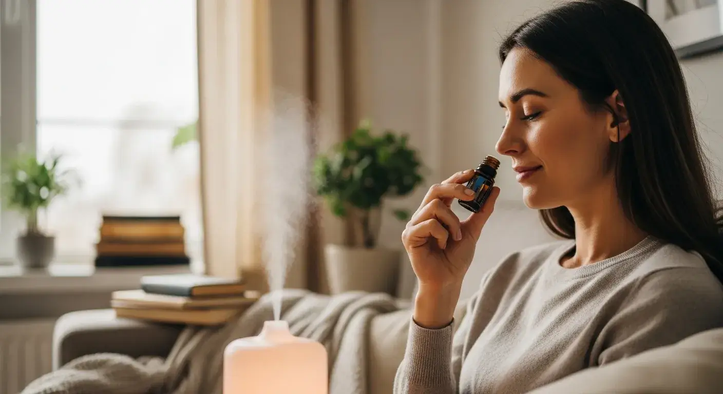 Woman smelling essential oil near diffuser