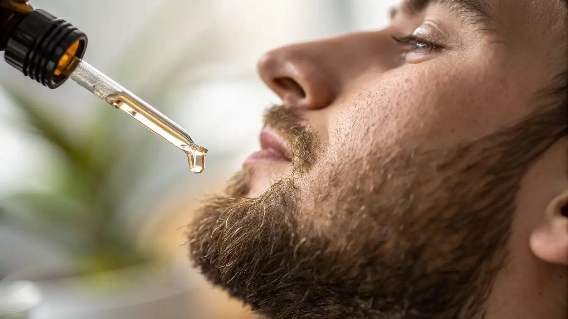 Drop of essential oil over beard texture