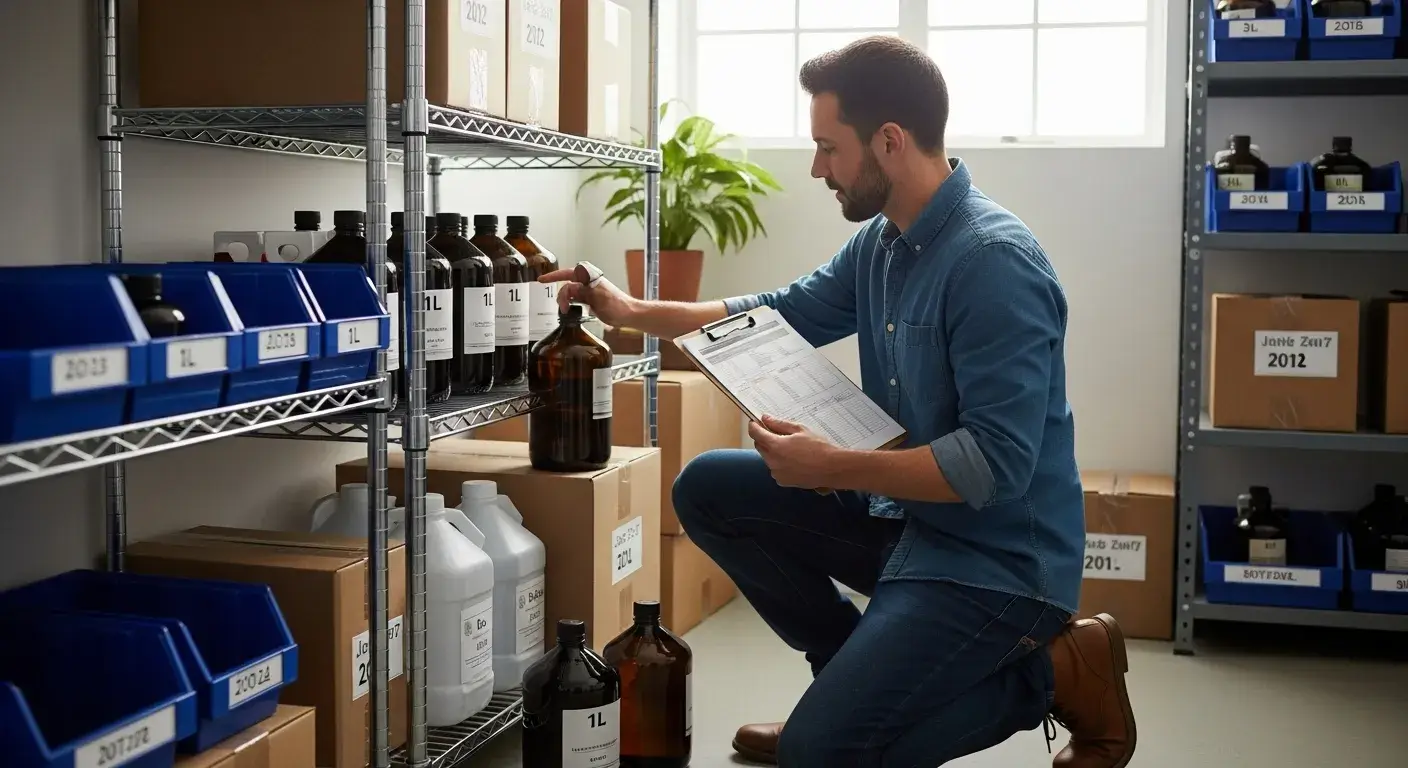 Track and store inventory Small business owner checking oil inventory