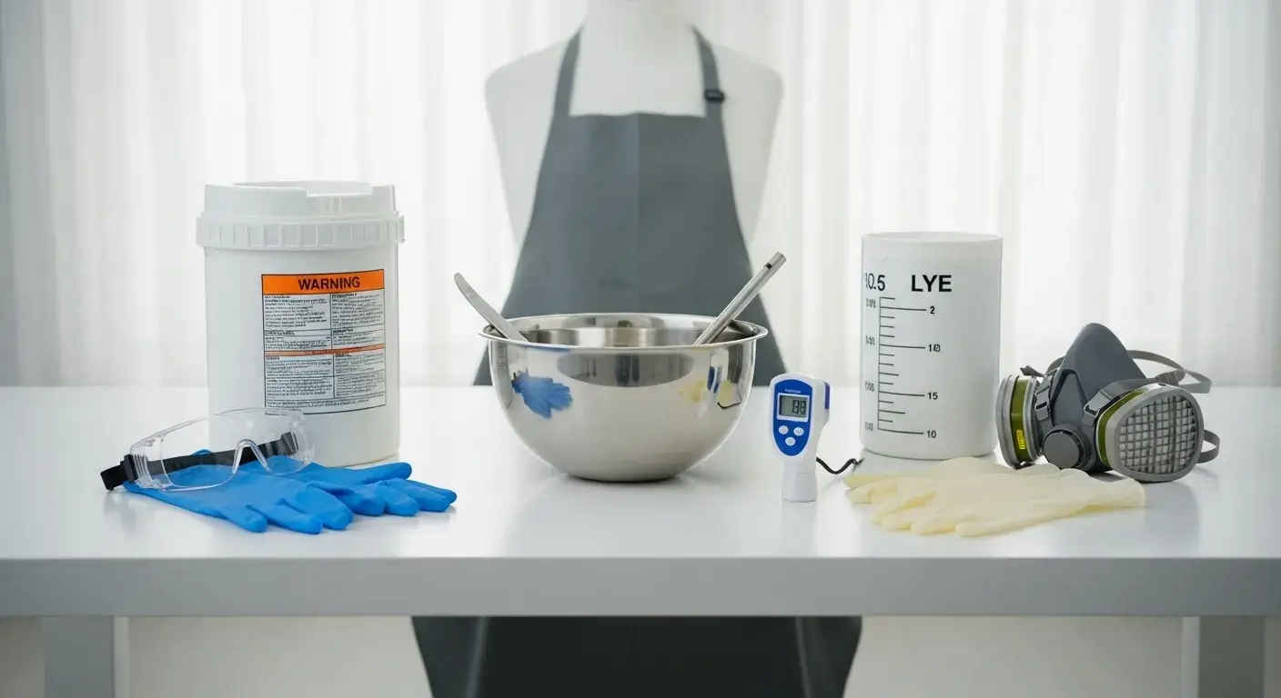 Lye safety gear setup on workspace