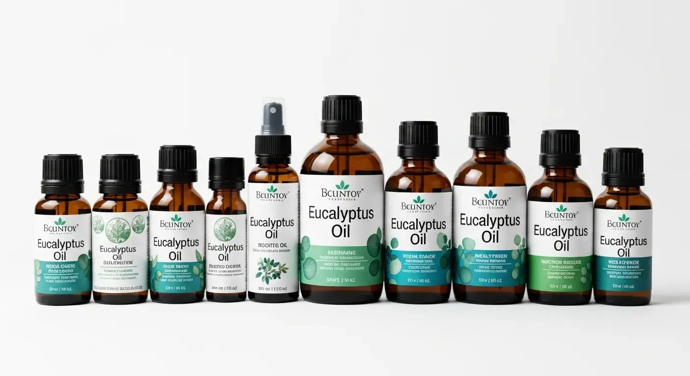 Major eucalyptus brands Branded eucalyptus oil bottles with labels from global producers