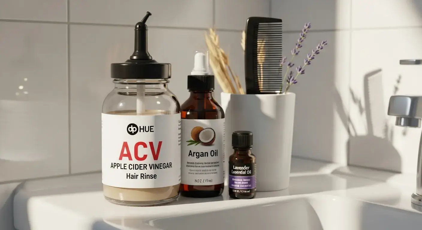 Natural hair rinse benefits Apple cider vinegar rinse in glass bottle