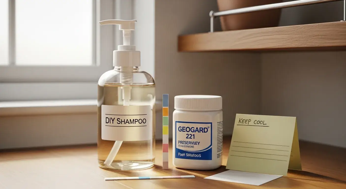 Storage and safety tips DIY shampoo in airless pump bottle with pH strips