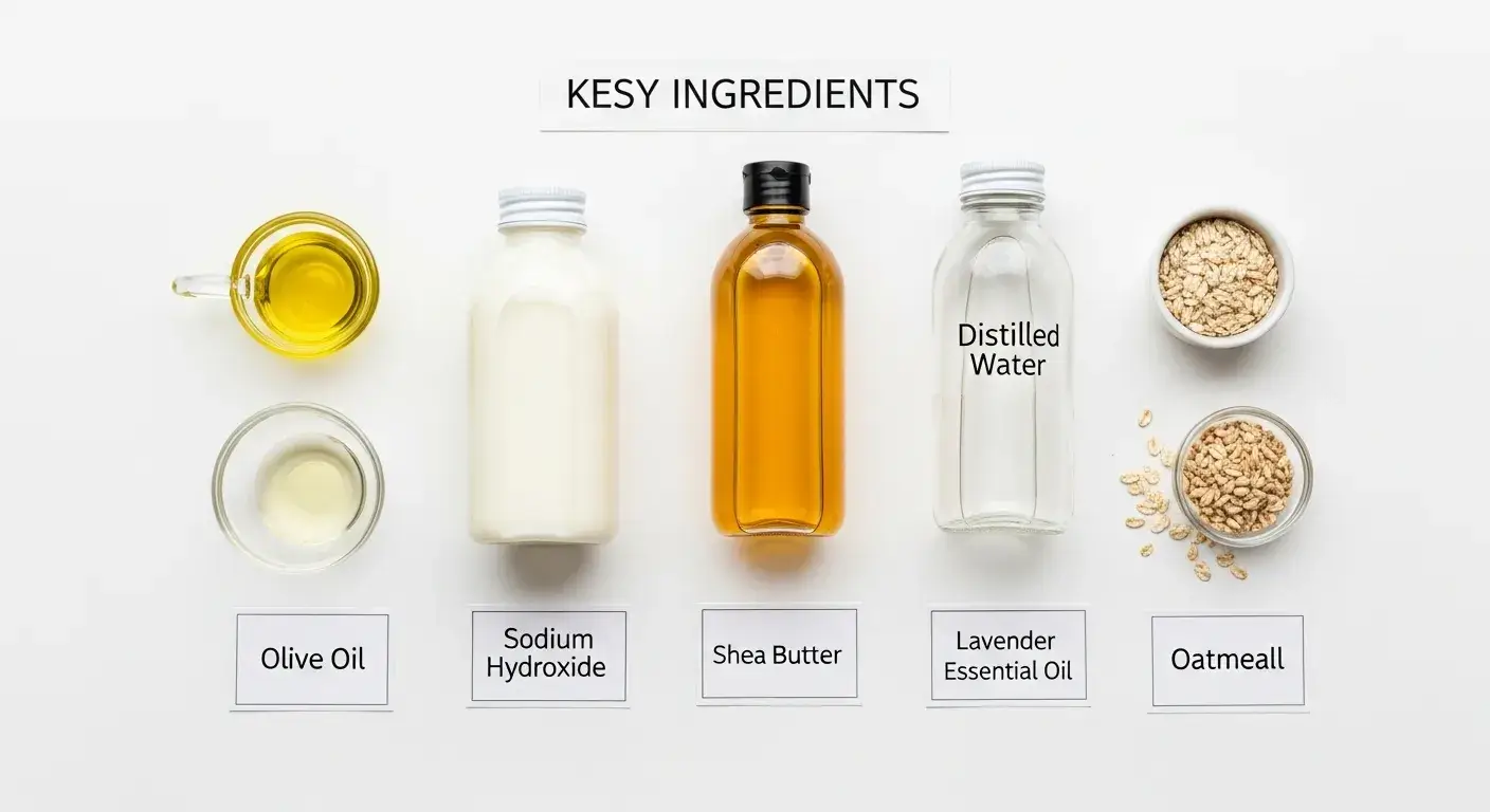Oils, lye, lavender, and oatmeal laid out
