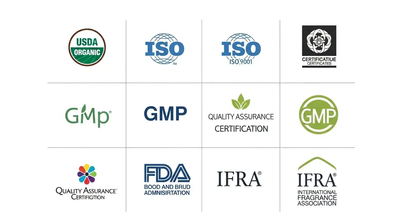 Logos of GMP, FDA, USDA Organic, ISO on clean background