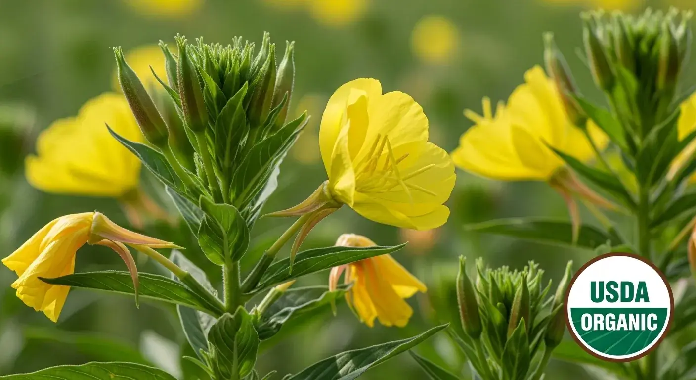 Organic evening primrose crop and certification badge