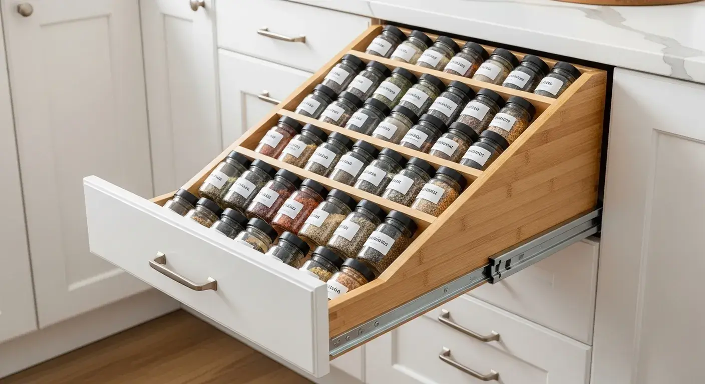 Labeled glass spice jars in wooden drawer