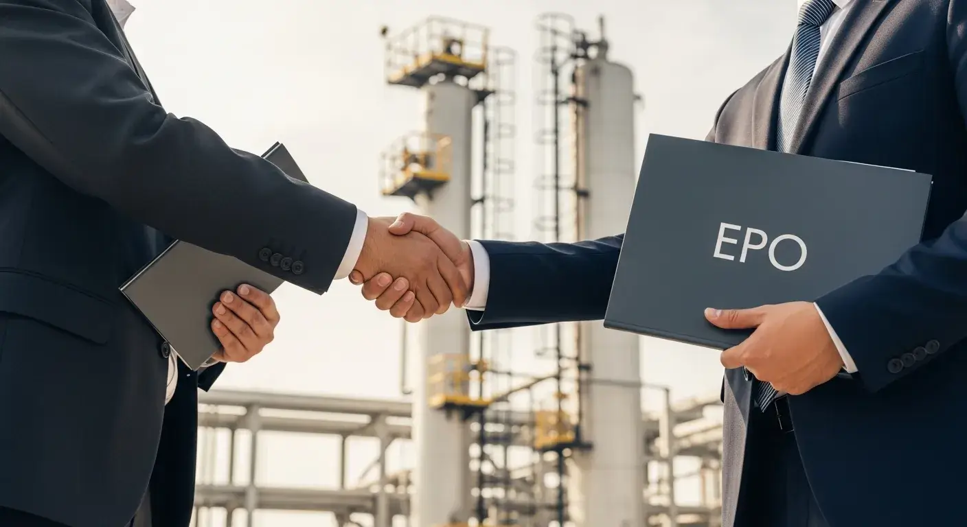 Handshake between international buyer and manufacturer rep in oil plant background