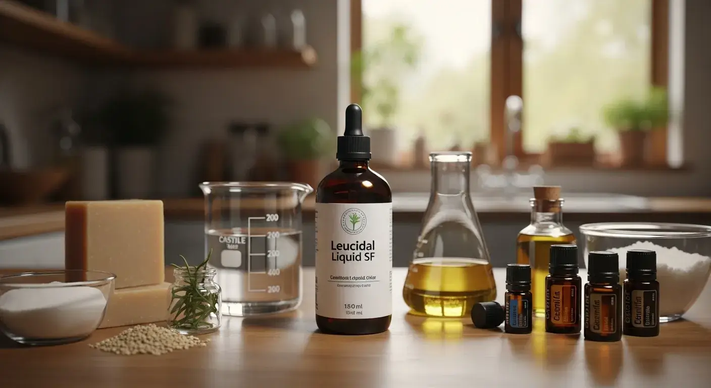 Preservative bottle highlighted among hand-wash ingredients