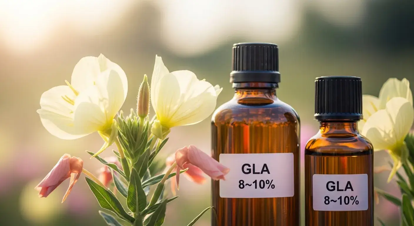 Evening primrose flowers and oil bottles with GLA emphasis