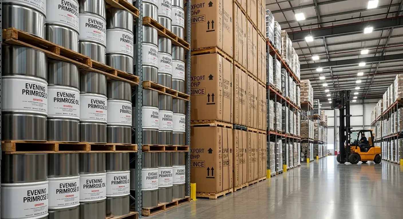 Industrial drums and export-labeled boxes of evening primrose oil