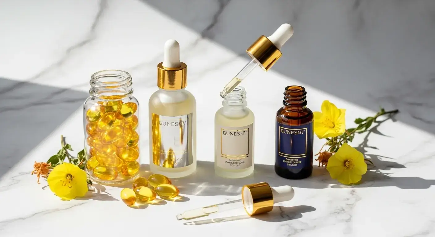 Evening primrose oil capsules and serum bottles on white surface