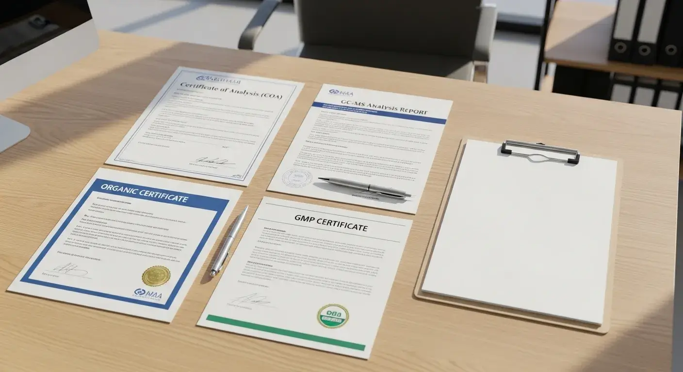 COA, GC-MS, Organic Certification, and GMP documents on desk