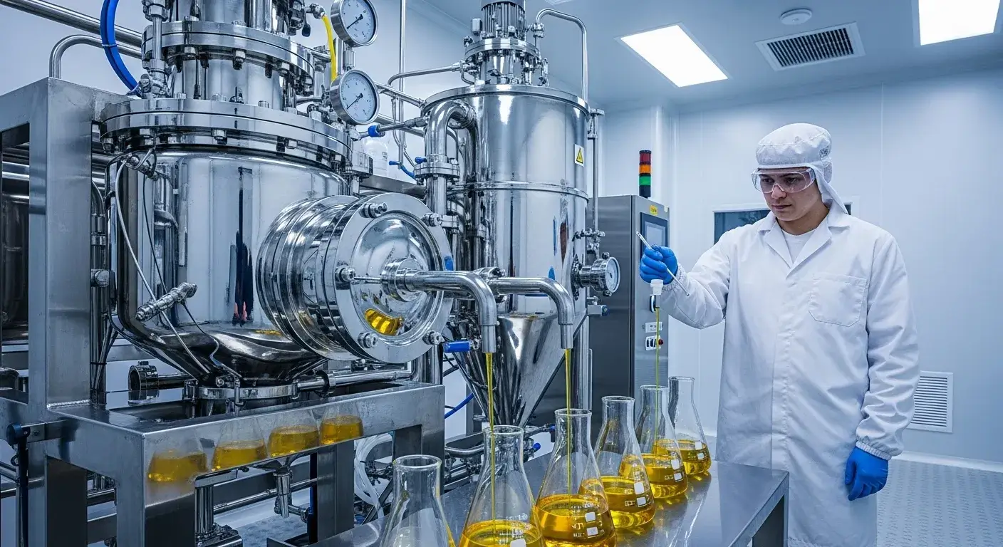 Technician operating cold-press primrose extraction in GMP facility