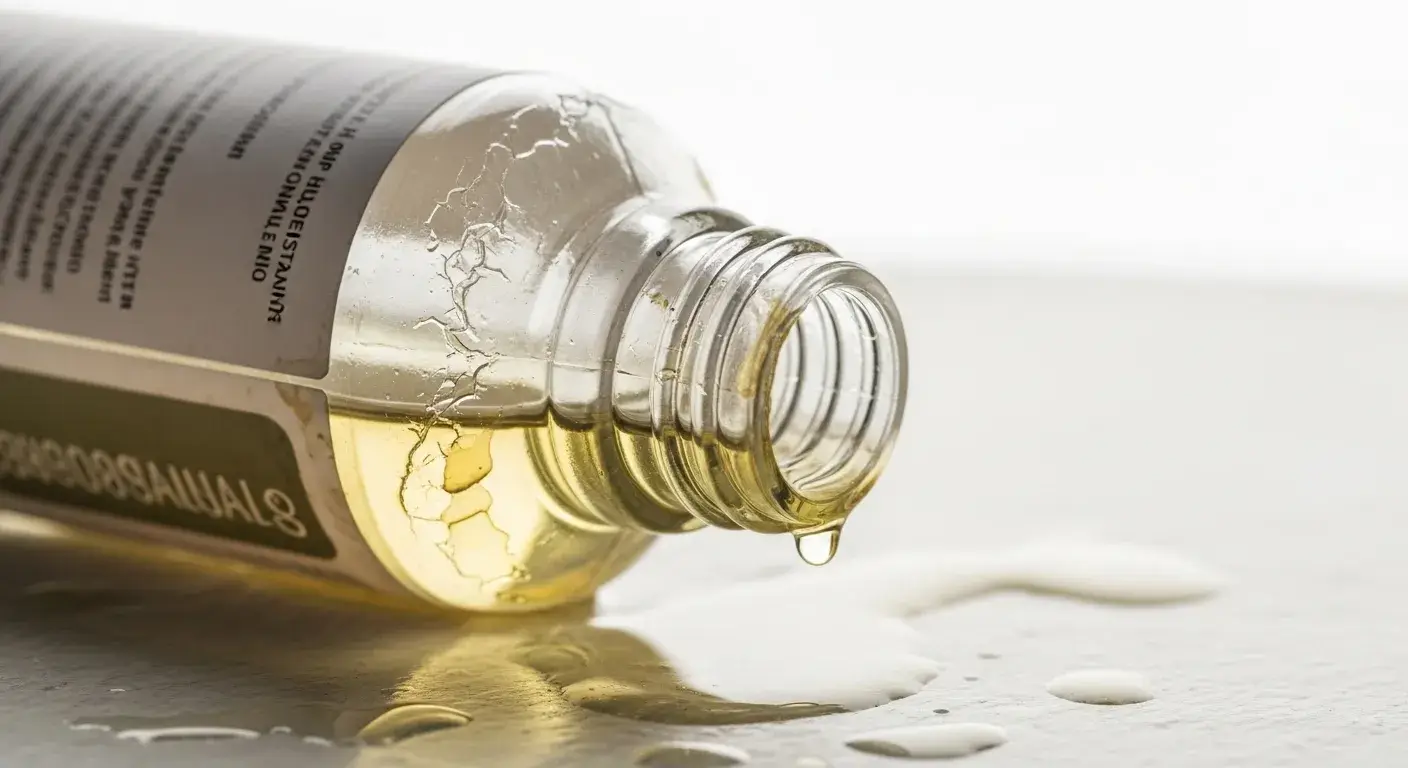 Plastic oil bottle with faded label and leaking oil