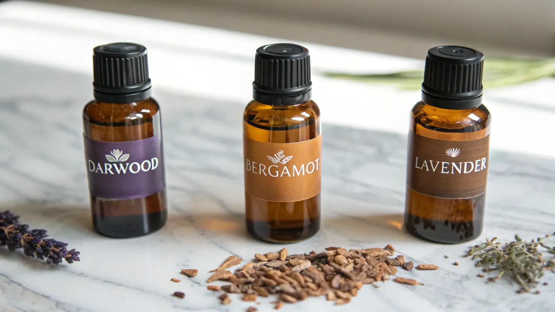 Cedarwood, bergamot, lavender blend display