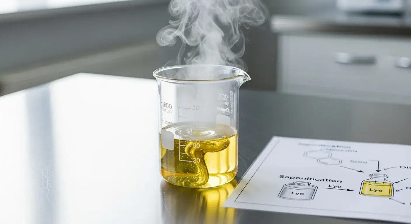 Beaker with oil and lye mixture forming soap