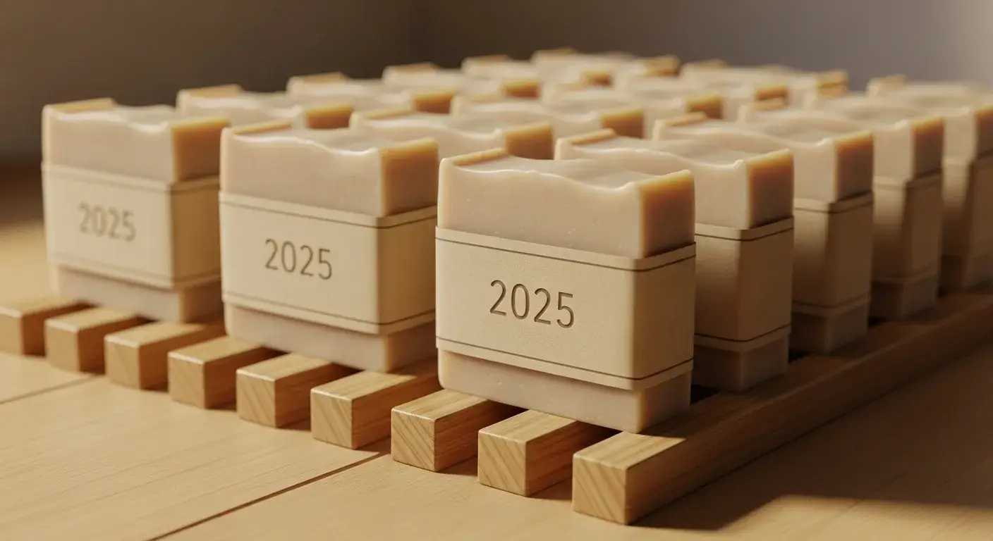 Soap curing storage Cured soap bars on wooden rack with date labels