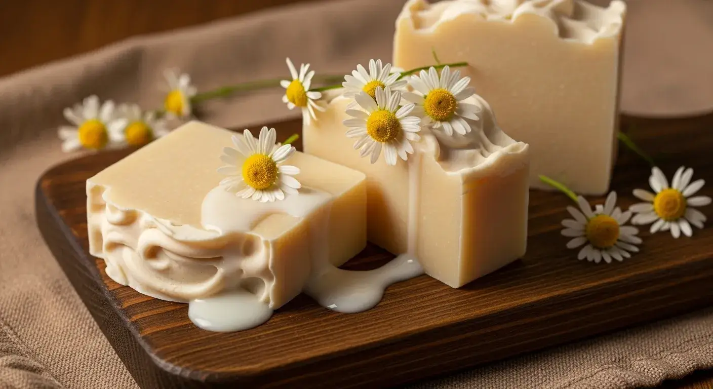 Custom natural soap additives Soap bars with chamomile and oat milk drizzle