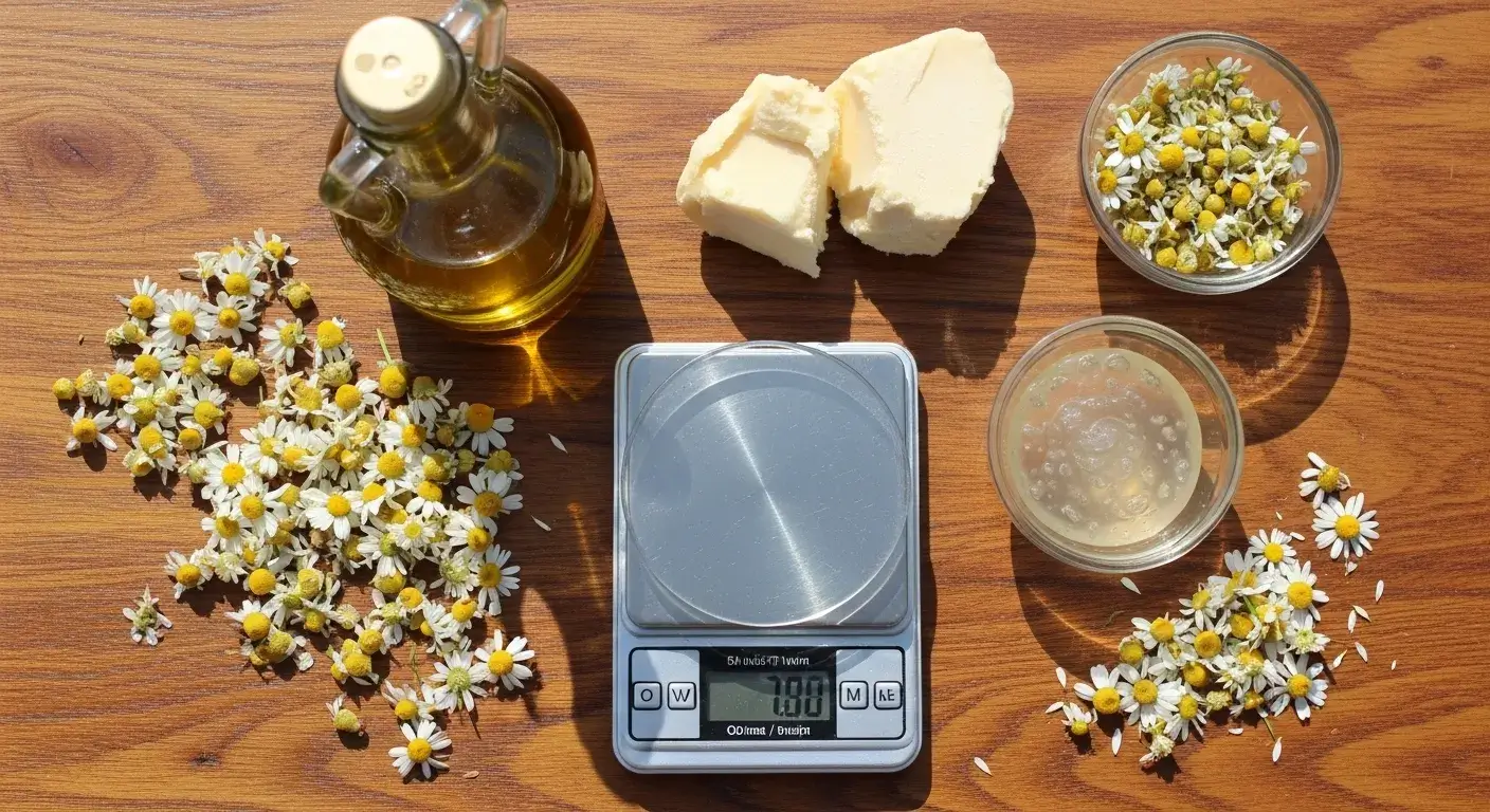 Gentle soap ingredients Flat lay of olive oil, shea butter, aloe vera gel