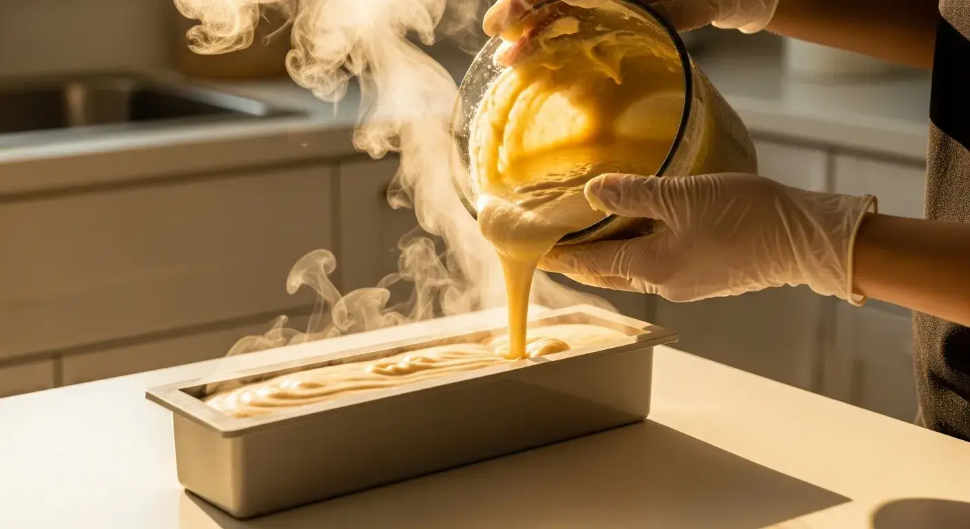 Cold process soap steps Pouring soap mixture into silicone mold