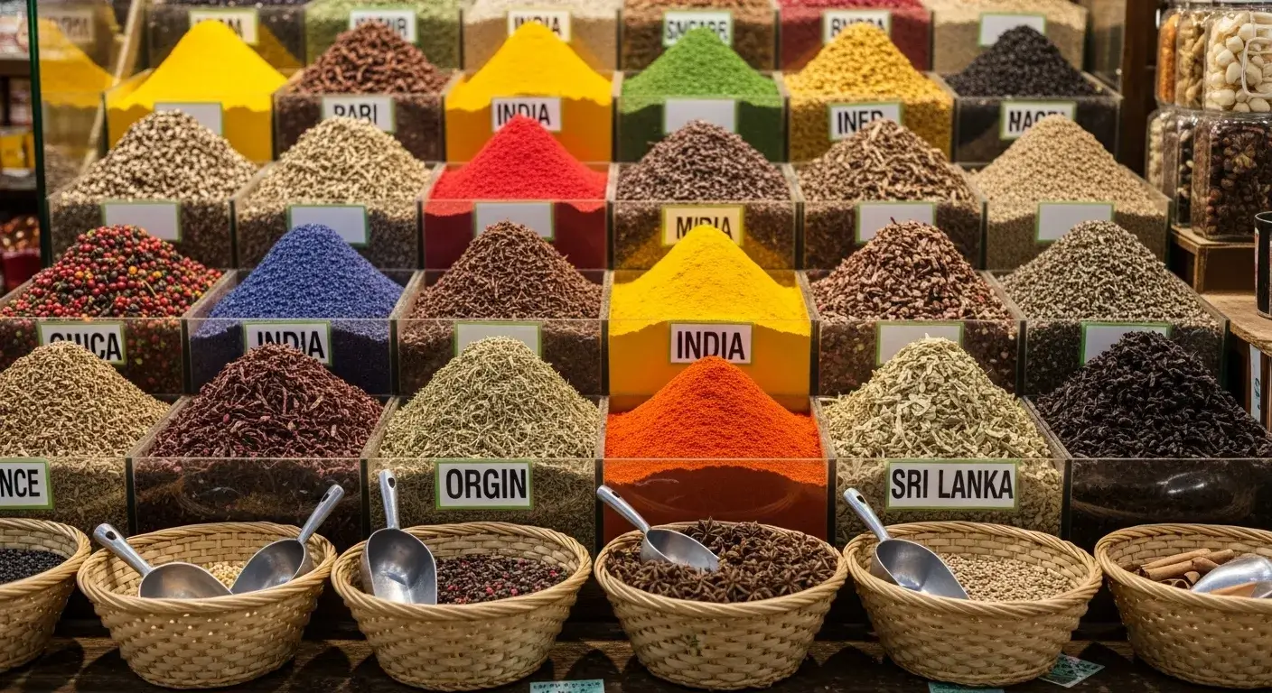 Labeled whole spices at local market stall