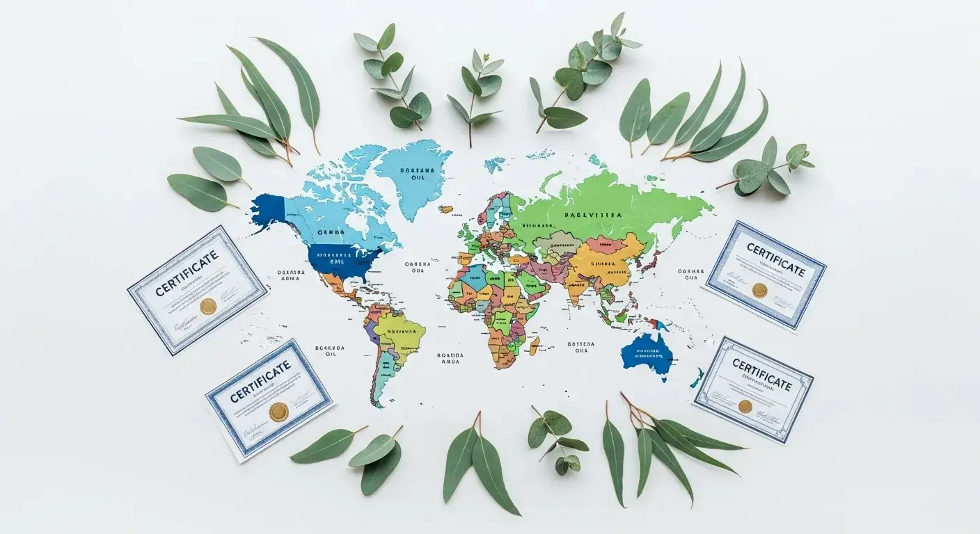 Global eucalyptus sourcing map and sample bottles