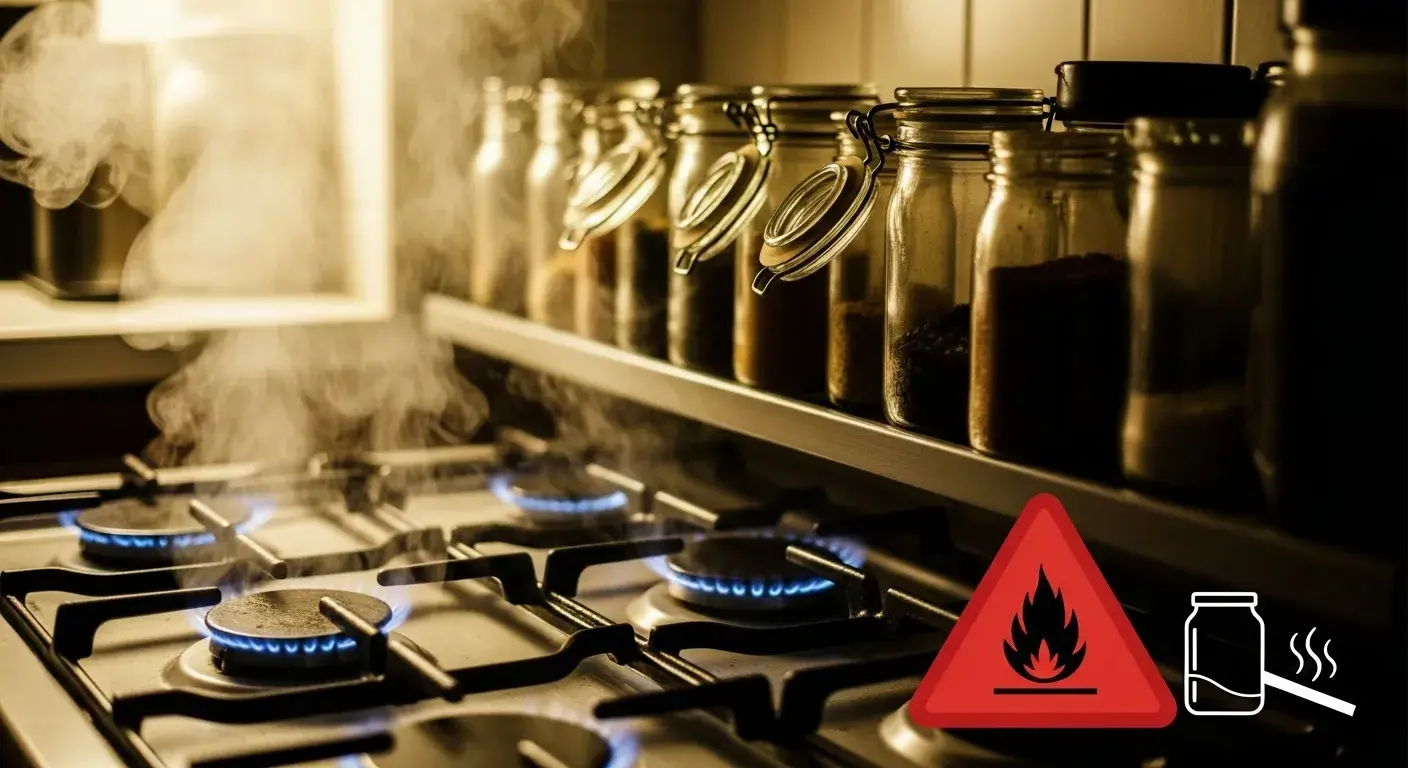 Spice jars stored above hot stove