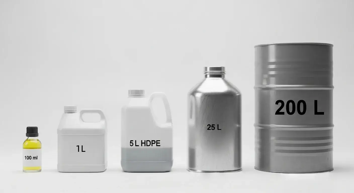 Row of essential oil bottles from 100ml to 200L