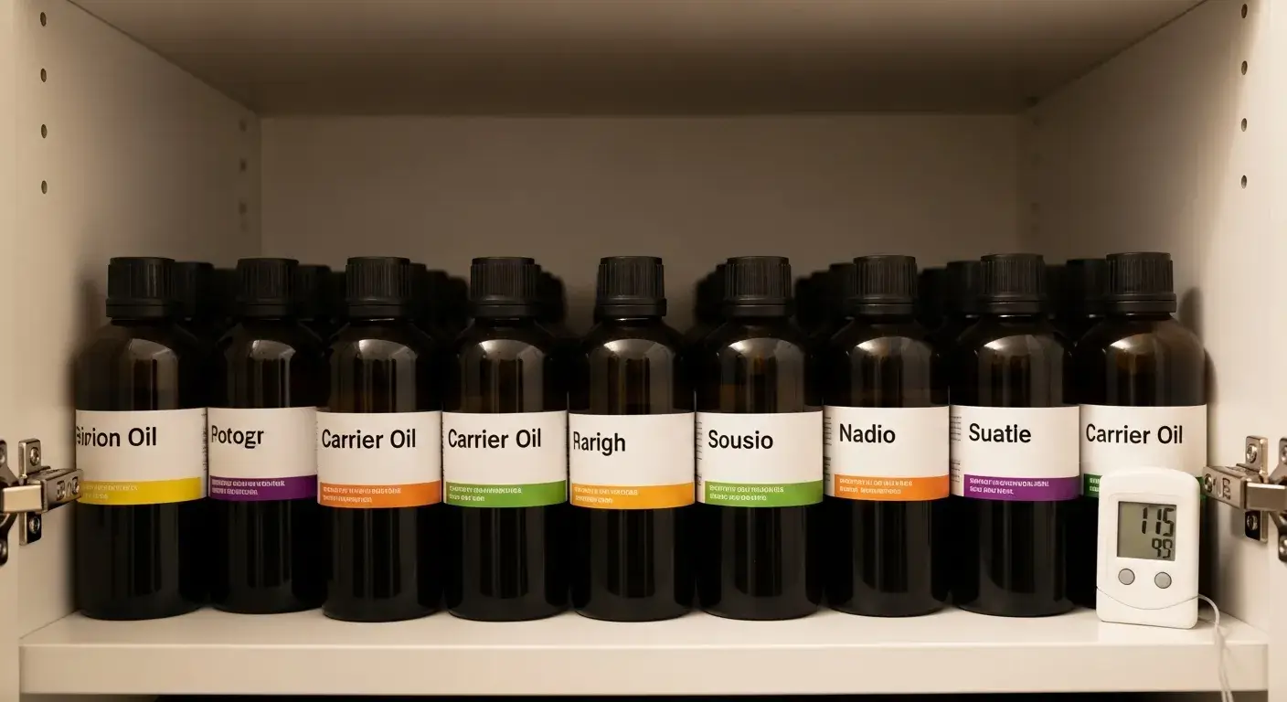 Proper carrier oil storage Carrier oils stored in amber bottles in cool cabinet