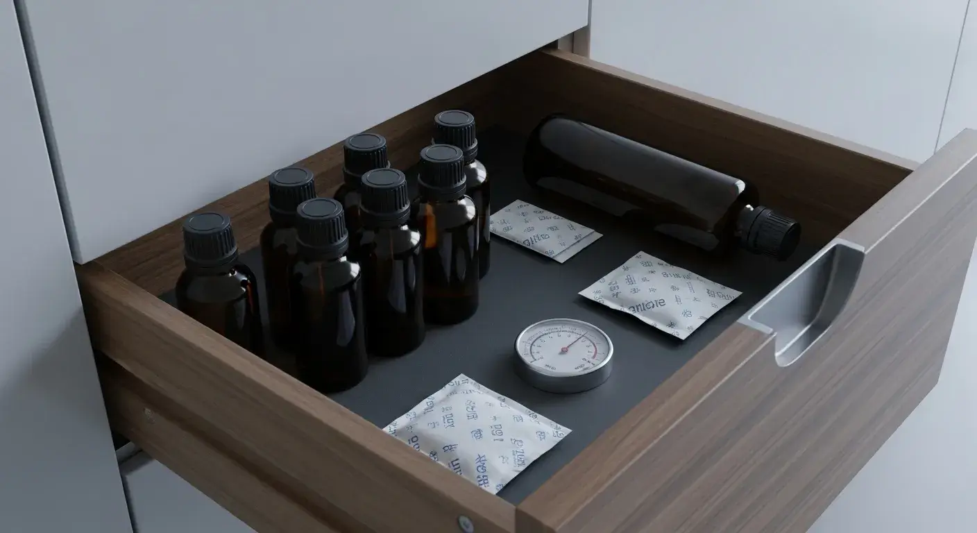 Amber bottles in drawer away from light