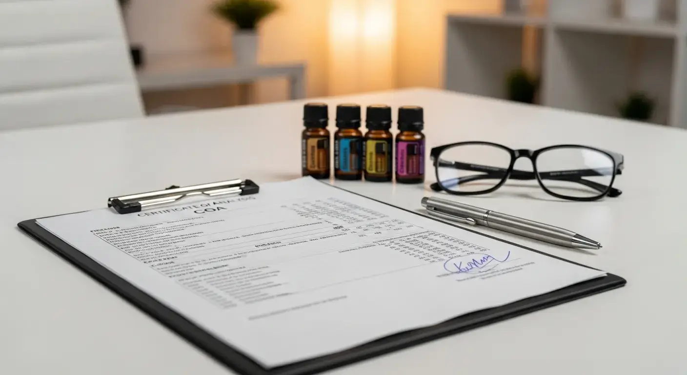 Essential oil certificates and lab results on clipboard