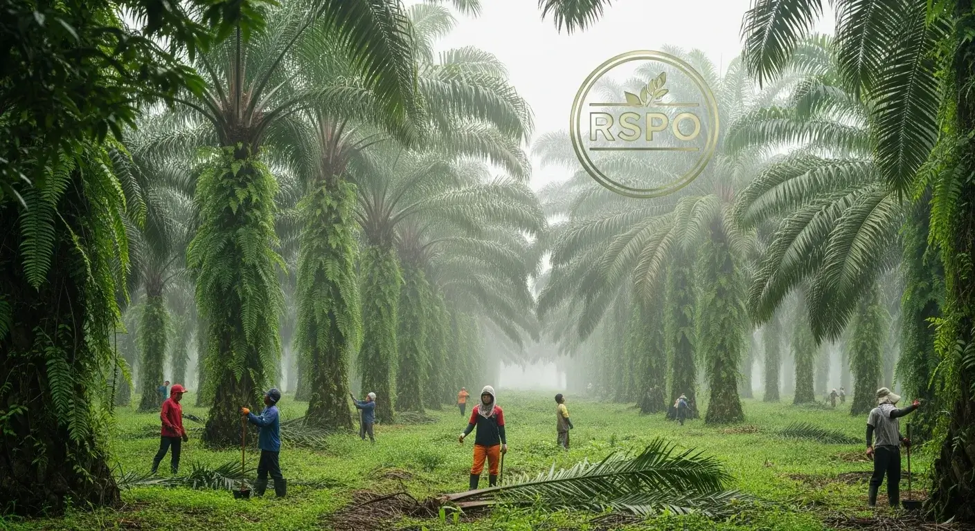Farm scene with oil palms and certification badge